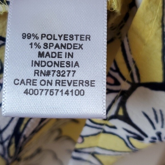 ELLE FLORAL BLOUSE SHORT SLEEVE SPLIT NECK FLOWY BUTTER YELLOW NAVY BLUE SIZE XS - Picture 5 of 8